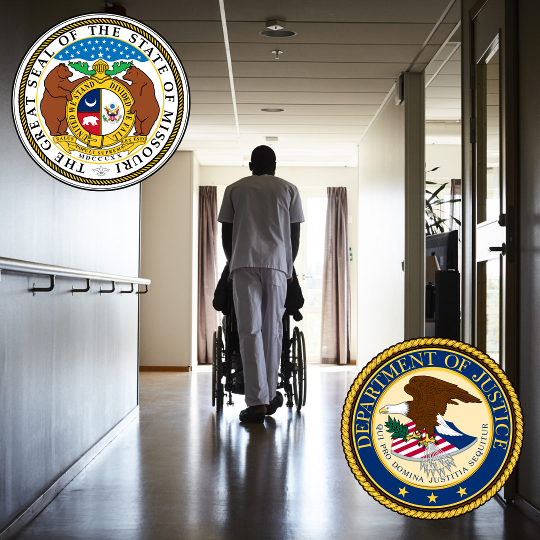 A person pushing a wheelchair through a hallway. State of Missouri logo. Department of Justice logo.